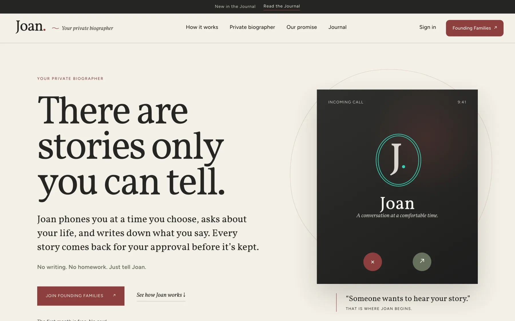 The Tell Joan homepage, its headline set large in Vigil Serif with Vigil for the navigation and button.