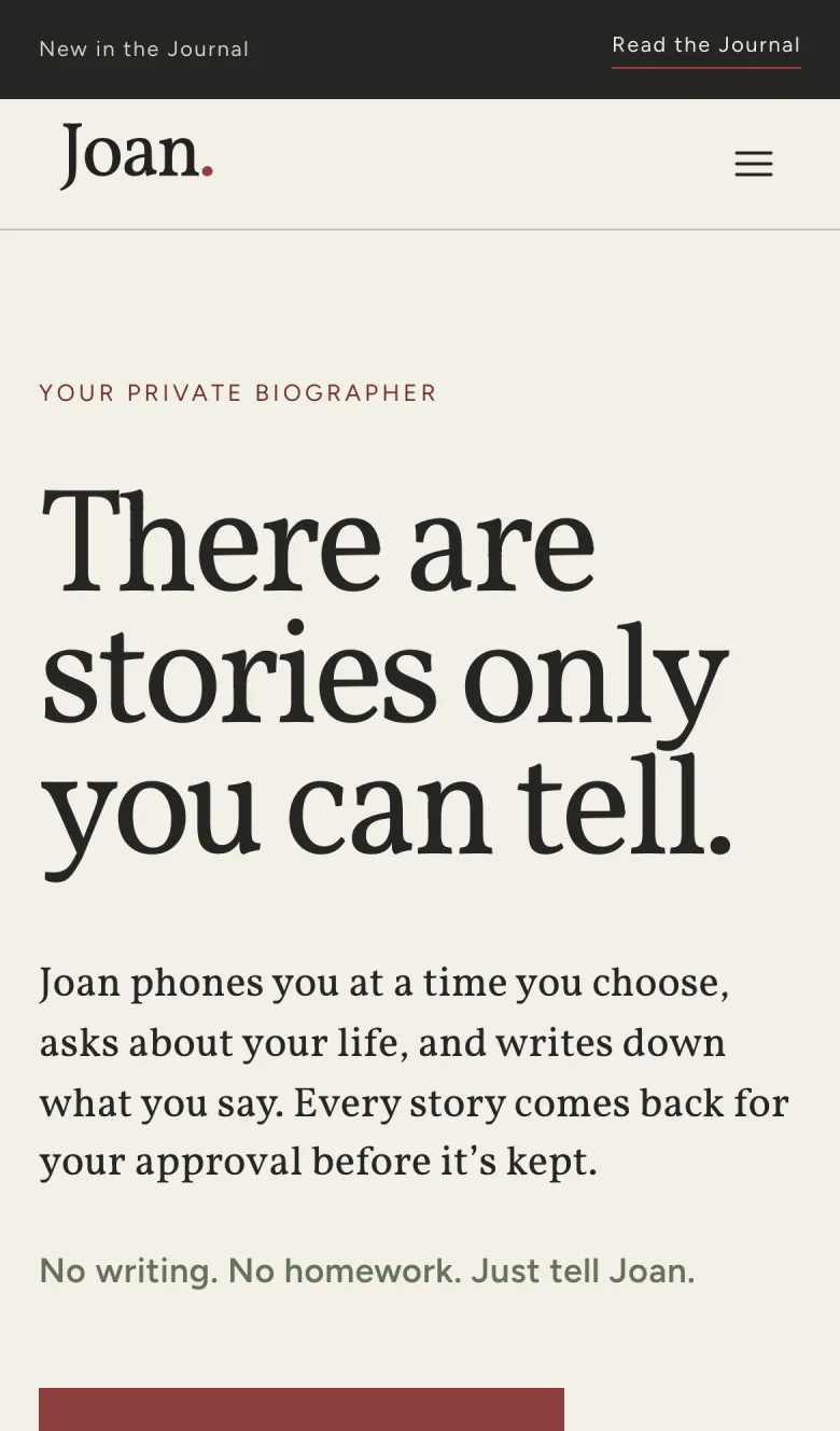 The Tell Joan homepage on a phone: the serif headline fills the width over a serif paragraph and a sans refrain.