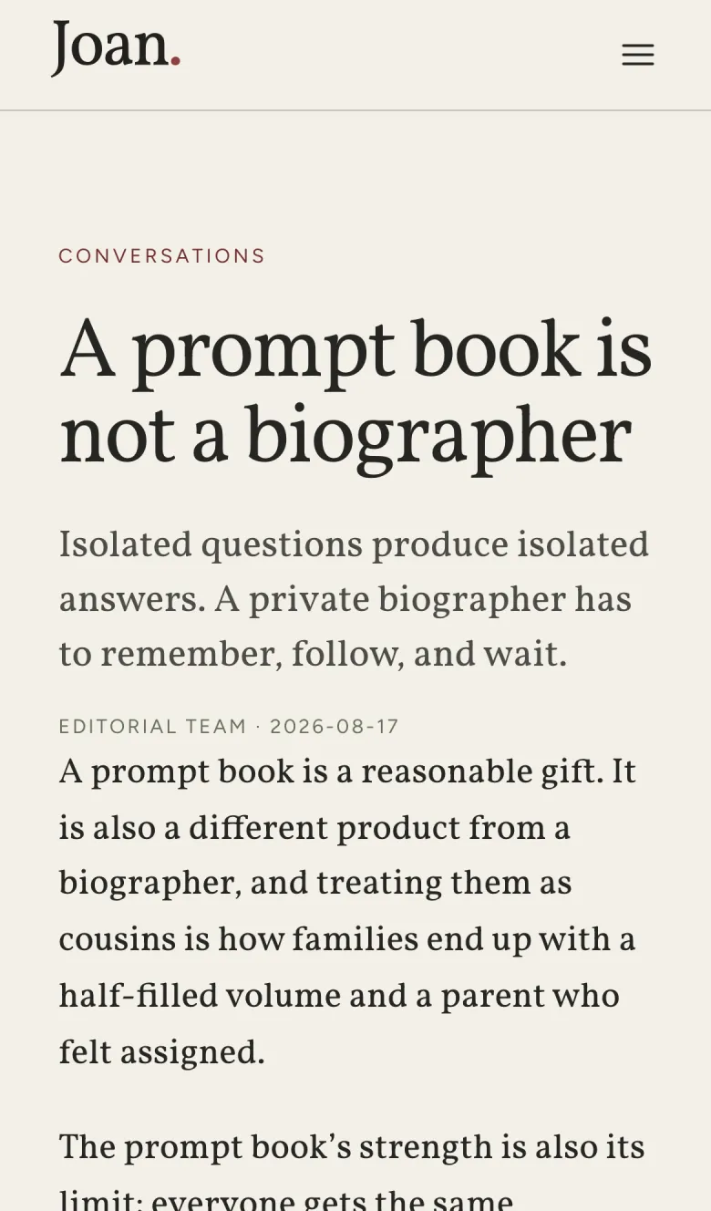 A Tell Joan Journal article on a phone, set in Vigil Serif at reading size.
