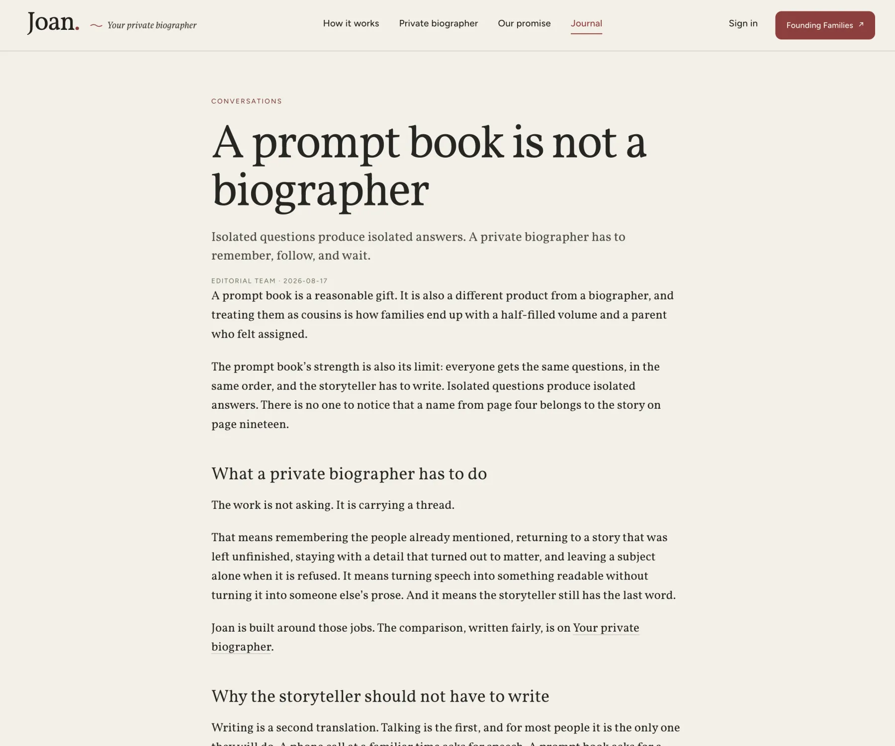 A Tell Joan Journal article titled “A prompt book is not a biographer”, with a serif headline, serif standfirst, a small sans byline and date, and serif body text with serif subheads.