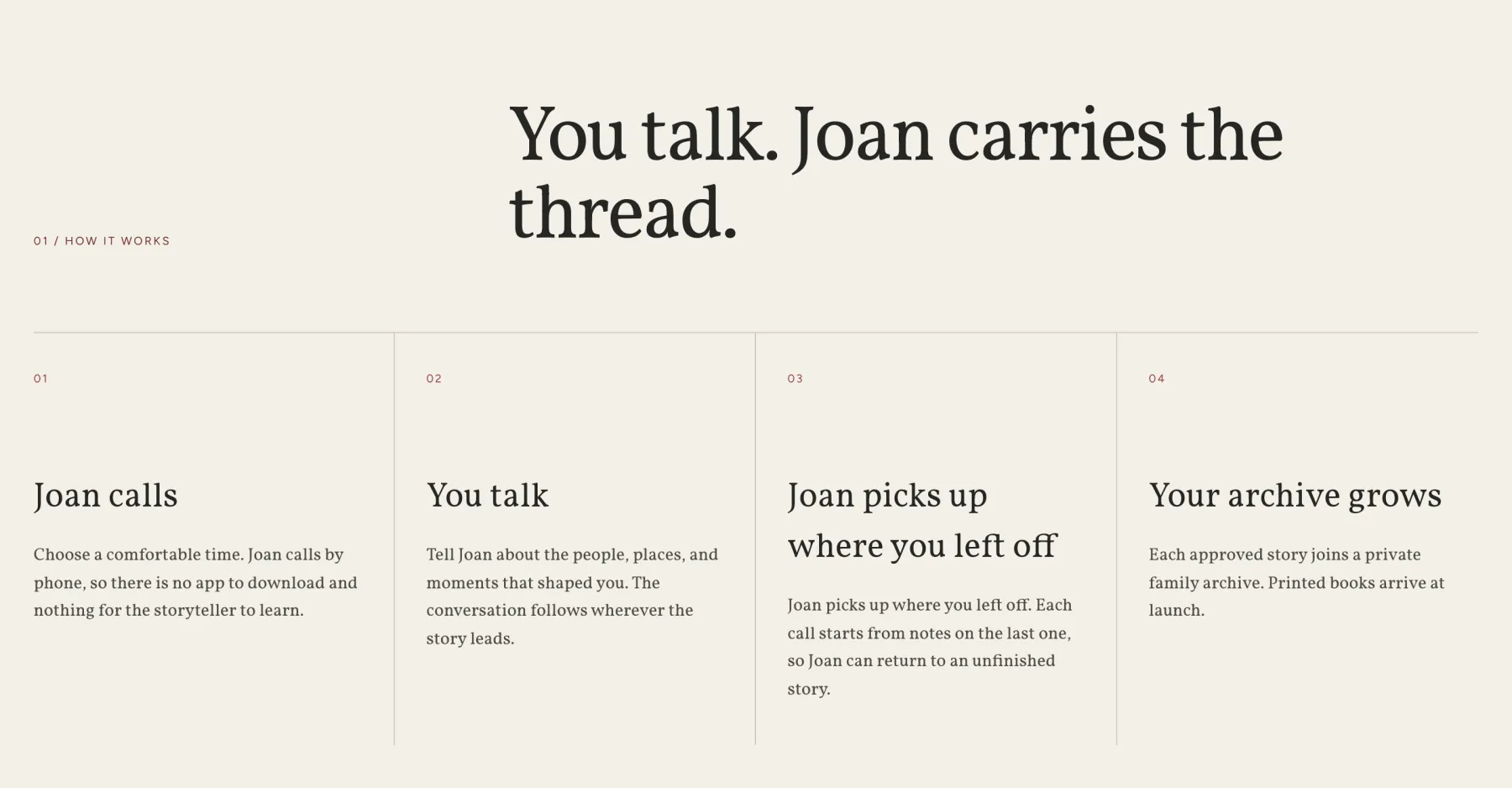 A Tell Joan section headed “You talk. Joan carries the thread.” with four numbered columns: Joan calls, You talk, Joan picks up where you left off, Your archive grows. Headings and body in serif, numbers and the section label in small sans.